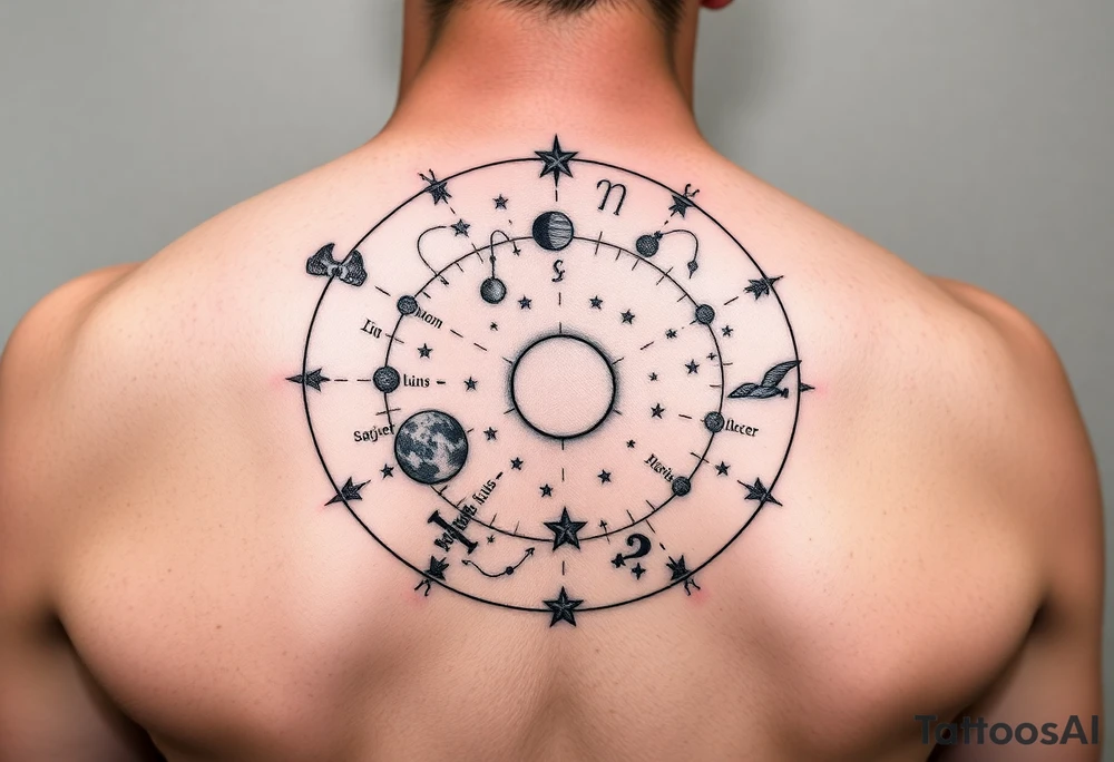 Zodiac constellation map with sagittarius mom two cancer kids and 2 aries kids with stars and Jupiter,  mars, and the moon as ruling planet tattoo add the zodiac constellations tattoo idea