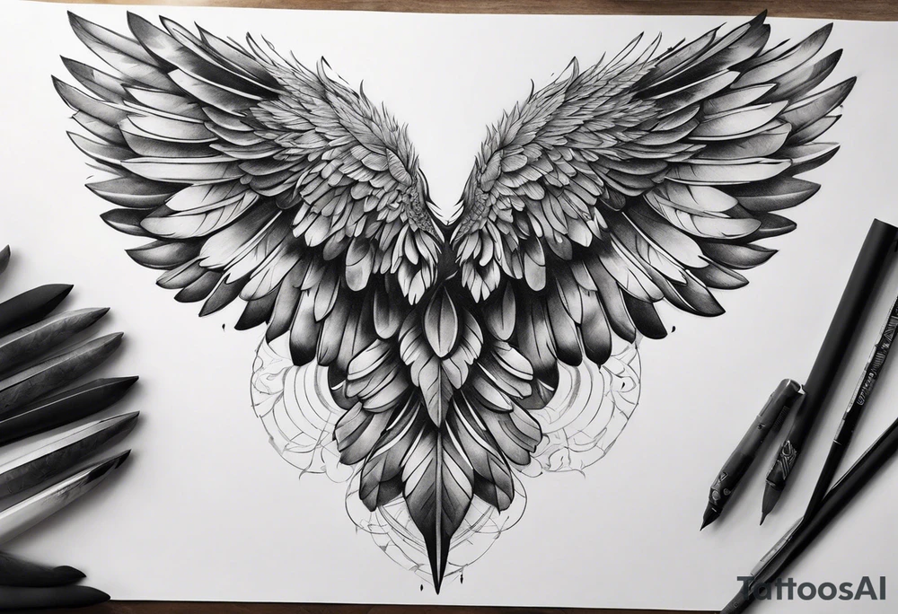 wings extending from a mens shoulders, covering the upper arms and upper back. The feathers are intricately detailed, with soft shading in black and gray to create depth and texture. The wings gently converge in the middle of the back, forming a harmonious and cohesive design. tattoo idea