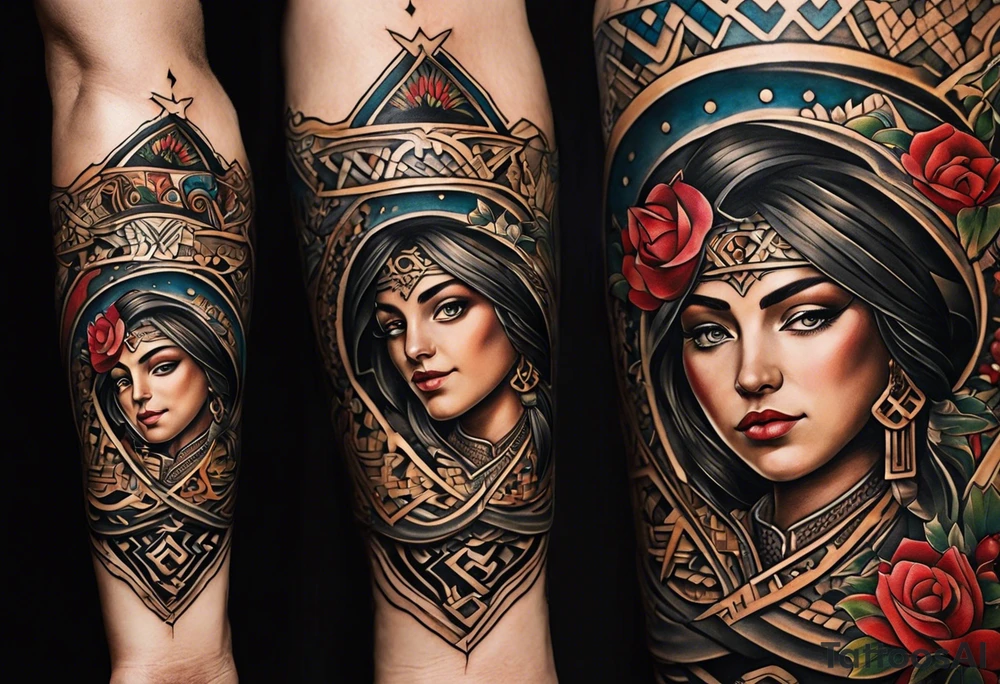 Create a tattoo design that symbolizes the connection between a family spread across Portugal and Germany, with a central figure who travels between the two. Incorporate elements representing both countries' cultures and landmarks, linked by a path or journey motif. The design should evoke feelings of unity, distance, and the bond of family. tattoo idea