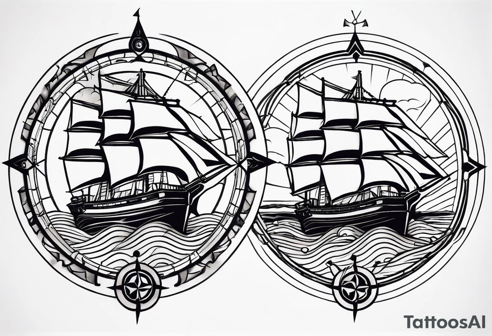 Oturning ships that looks like a compass rose wheel in a storm. Full leg tat tattoo idea
