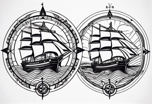 Oturning ships that looks like a compass rose  wheel in a storm. Full leg tat tattoo idea