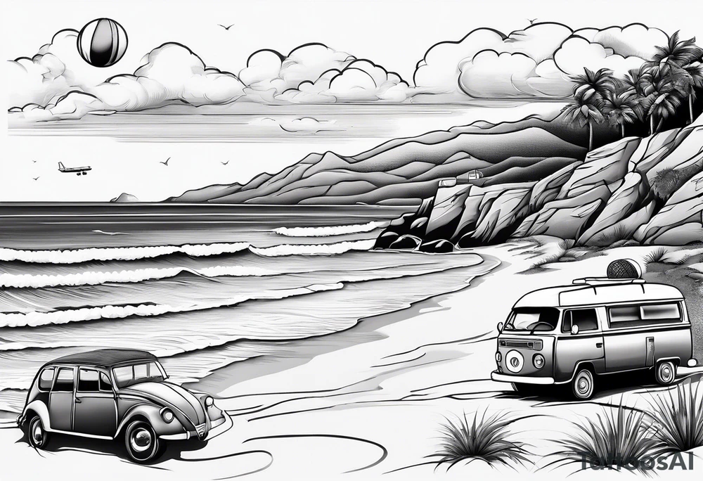 Beach with hills behind, a rugby ball, wine bottle and book on the beach, a plane in the sky and a campervan tattoo idea