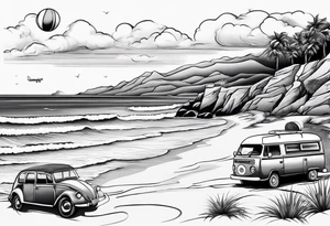 Beach with hills behind, a rugby ball, wine bottle and book on the beach, a plane in the sky and a campervan tattoo idea