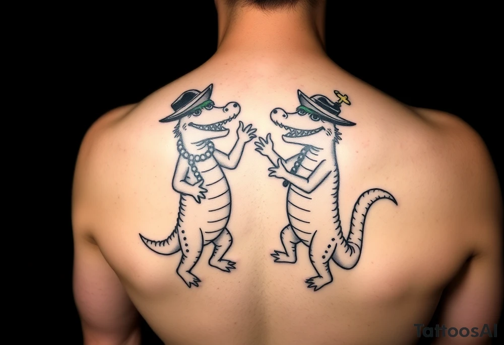 two cartoon mardi gras alligators dancing wearing hats and beads tattoo idea