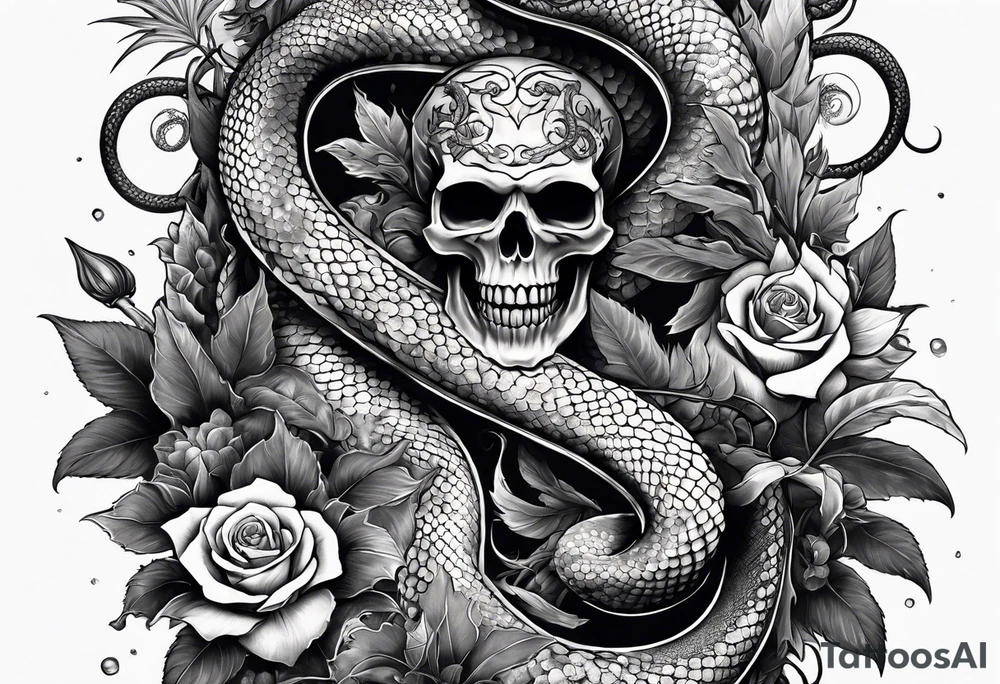 sleeve tattoo with a hydra snake, gun, skull, weed symbol tattoo idea