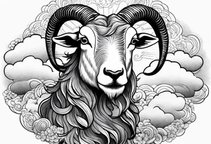 full body goat with kumo clouds in traditional Japanese art style tattoo idea