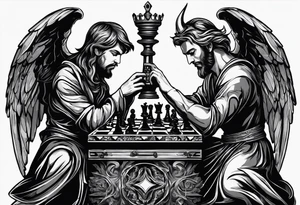 Depict an angel and devil engaged in a chess game, with the chessboard reflecting the cosmic battleground between good and evil, symbolizing the strategic nature of the eternal conflict. tattoo idea