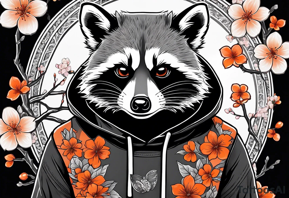 Raccoon wearing a white Superman logo on a black hoodie and orange Japanese cherry blossoms beside tattoo idea