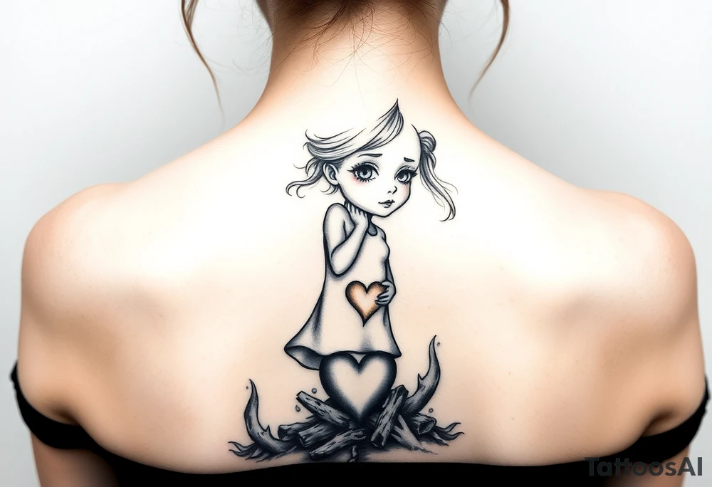 A little girl rising through the ashes, with a tear in her eye and a heart of gold tattoo idea