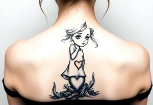 A little girl rising through the ashes, with a tear in her eye and a heart of gold tattoo idea