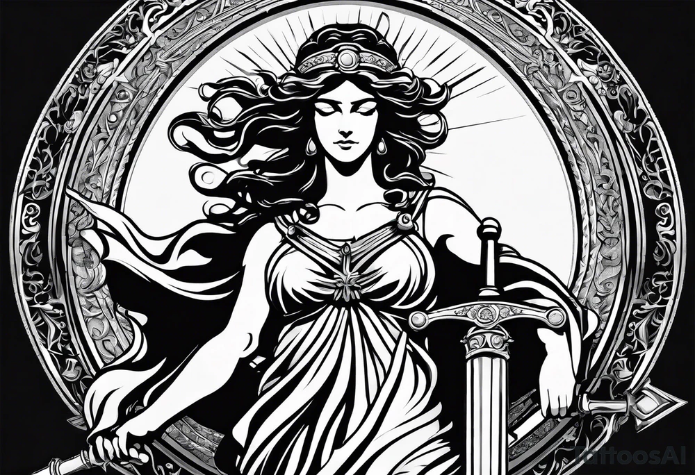 Themis (Greek Goddess of Justice), cutting her eyes with her sword. It is necessary to convey an atmosphere of greed and power. tattoo idea