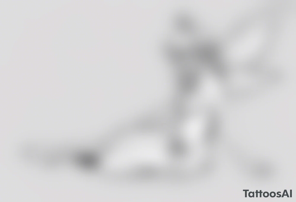 No background and no color sketch of a fairy with a tail inspired by the guild symbol in the anime show called Fairy Tail in a fetal position leaning in and forward while crawled in tattoo idea
