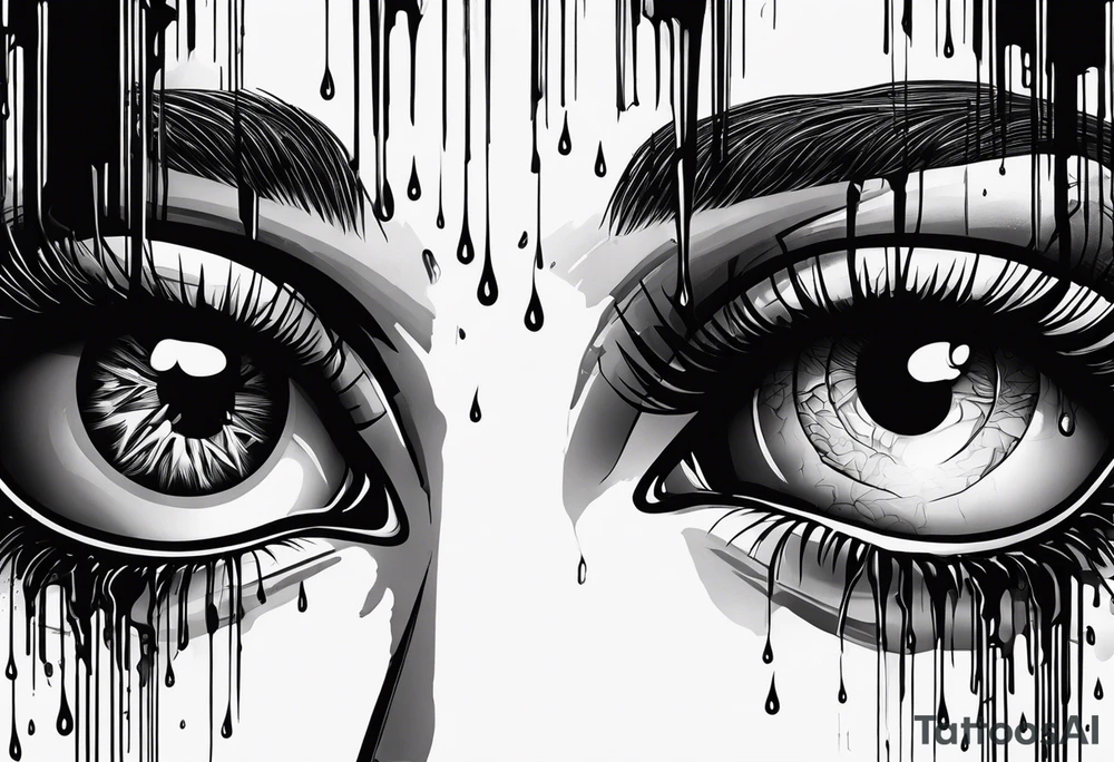 A realistic human eye crying tears of blood with a reflection of two black shadows or people holding guns at two wounded people on the floor tattoo idea