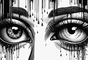 A realistic human eye crying tears of blood with a reflection of two black shadows or people holding guns at two wounded people on the floor tattoo idea