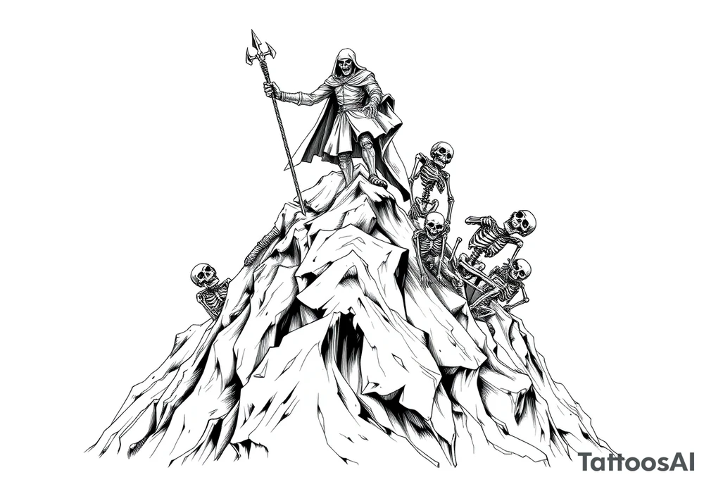 Necromancer on a mountain top, raising zombies and skeletons from the dead below. The zombies and skeletons are climbing up to him,  piling up to climb the mountain tattoo idea