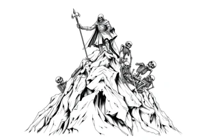 Necromancer on a mountain top, raising zombies and skeletons from the dead below. The zombies and skeletons are climbing up to him,  piling up to climb the mountain tattoo idea