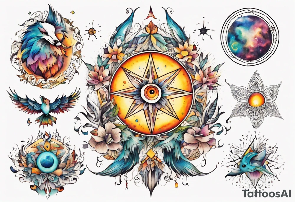 fisch, fuchs und eule , symetrie  sonne, universum, bunt, " sapere aude" tattoo idea
