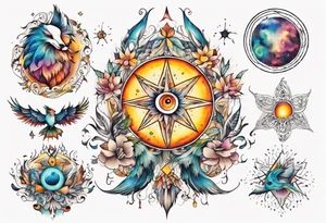 fisch, fuchs und eule , symetrie  sonne, universum, bunt, " sapere aude" tattoo idea