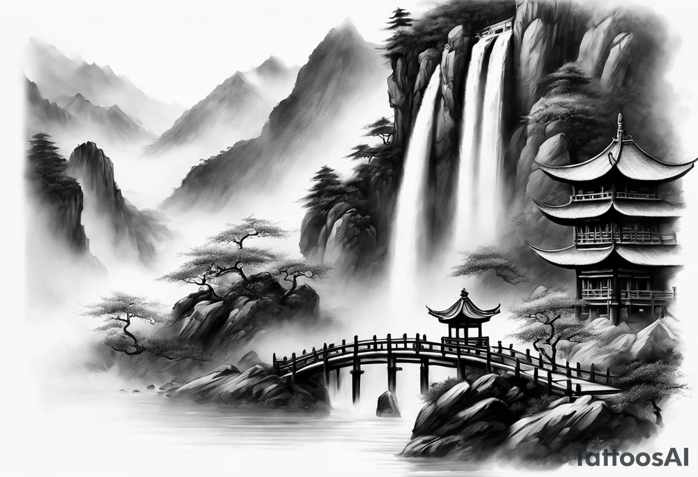 forearm sleeve traditional chinese art painting Chinese temple two old men wearing robes and drinking tea mountains mist fog waterfall tattoo idea