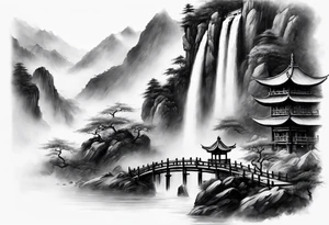 forearm sleeve traditional chinese art painting Chinese temple two old men wearing robes and drinking tea mountains mist fog waterfall tattoo idea