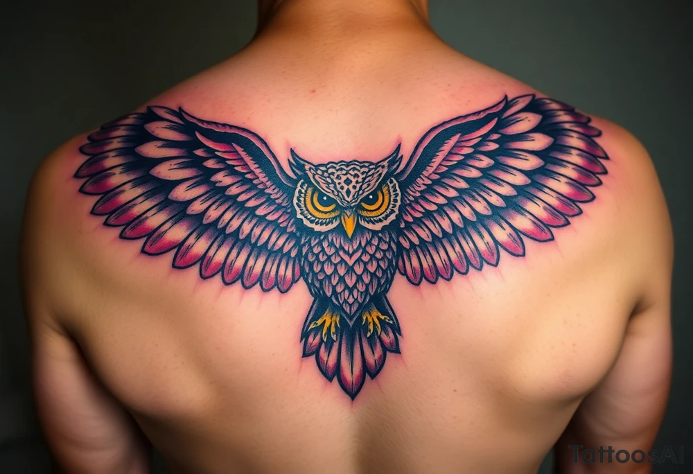 Majestic owl with huge wings spread out tattoo idea