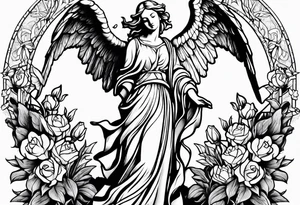 Simple Angel statue stood on a rock with daffodils and roses wrapped around its legs tattoo idea