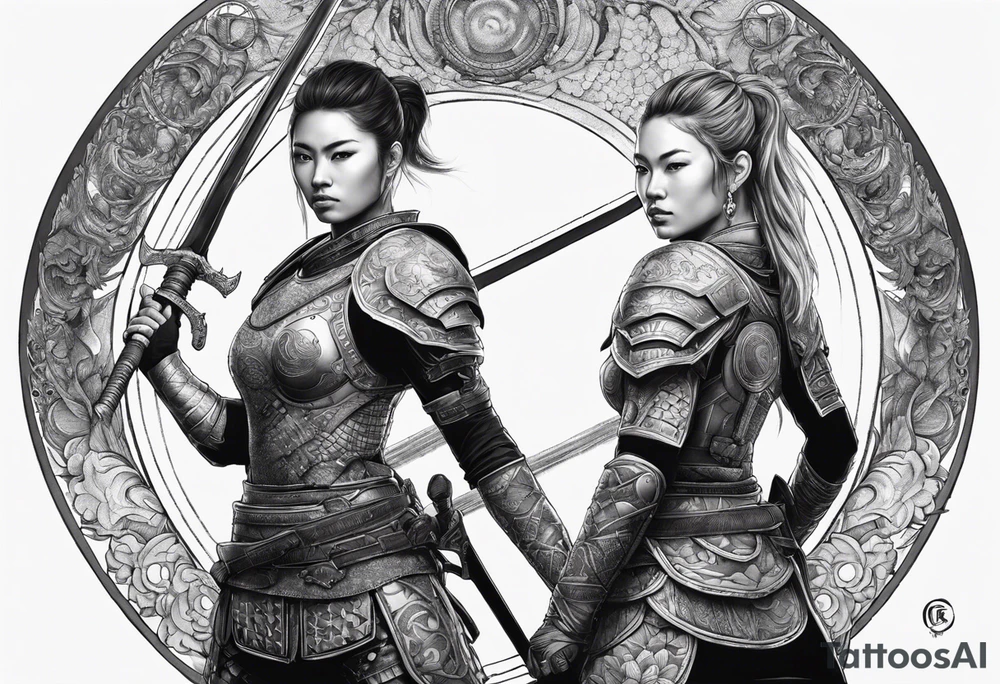 3 female warriors in body armor wielding dual swords, you can only see their backs, in front of a incomplete enso circle tattoo idea