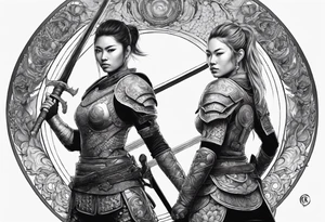 3 female warriors in body armor wielding dual swords, you can only see their backs, in front of a incomplete enso circle tattoo idea