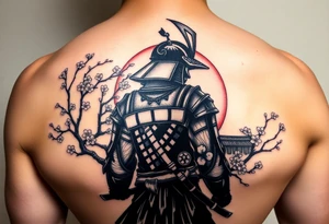 noble samurai warrior silhouette at sunset with cherry blossoms tattoo idea