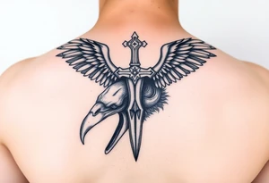 Leviathan cross etched on the skull of a raven tattoo idea