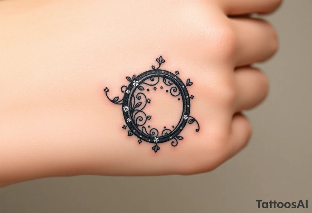 An elegant intertwined wedding ring, with delicate floral engravings and sparkling diamond details, symbolizing eternal love. tattoo idea