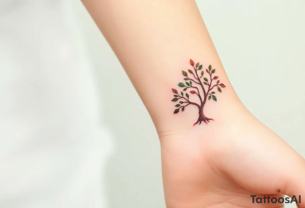 Two matching tree tattoos, one larger and one smaller, in rich earthy browns and deep green leaves, symbolizing family roots tattoo idea