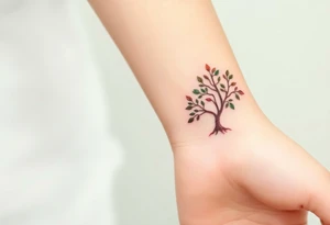 Two matching tree tattoos, one larger and one smaller, in rich earthy browns and deep green leaves, symbolizing family roots tattoo idea