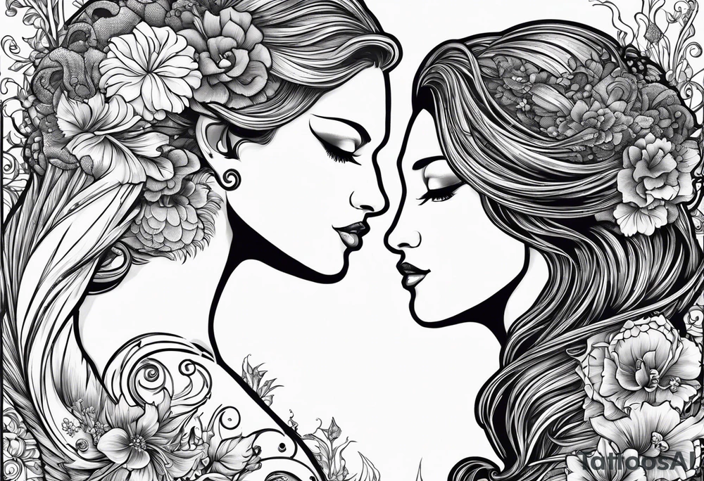 Seahorse side profile big evil and mermaid looking at eachother side profile. Mermaid to show scales and tattooed skin, long hair, horns, crown, trident. Grass reeds and flowers around both tattoo idea