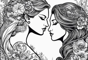 Seahorse side profile big evil and mermaid looking at eachother side profile. Mermaid to show scales and tattooed skin, long hair, horns, crown, trident. Grass reeds and flowers around both tattoo idea