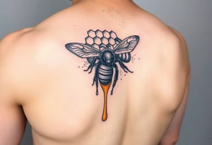 honeycomb with bee and dripping honey on a steampunk design on the upper arm tattoo idea