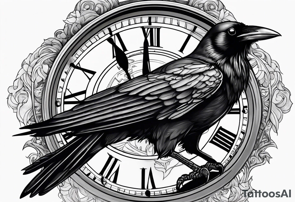 raven perched on clock tattoo idea