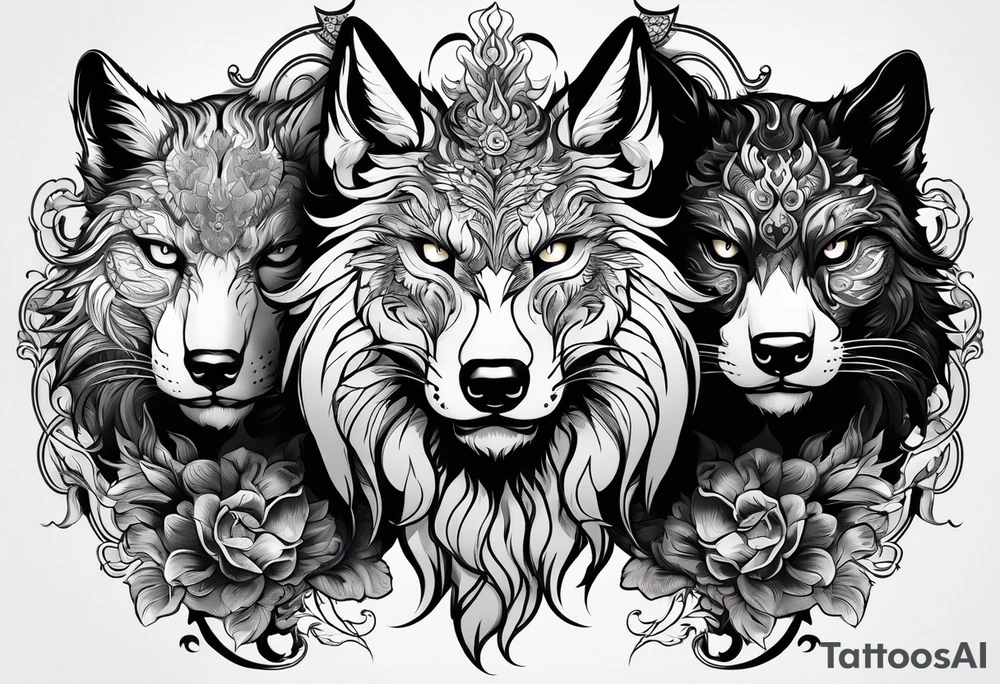 three animal heads merged: 

1. A chinese dragons head (on the left)
2. A Feline cats head(in the middle)
3. A Wolves Head (on the right) tattoo idea
