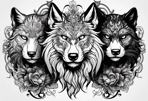 three animal heads merged: 

1. A chinese dragons head (on the left)
2. A Feline cats head(in the middle)
3. A Wolves Head (on the right) tattoo idea