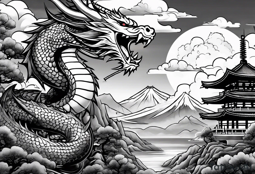 beautiful warrior fairy holding a sword and a full dragon and the background will be mountains, clouds, and a Japanese building tattoo idea