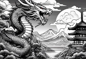 beautiful warrior fairy holding a sword and a full dragon and the background will be mountains, clouds, and a Japanese building tattoo idea