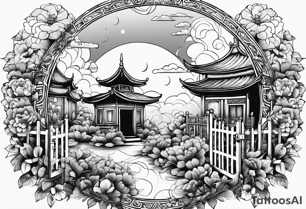 night orient town  garden small houses gate entrance 
 in circle vignette surrounded by clouds floral tattoo idea