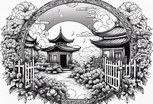 night orient town  garden small houses gate entrance 
 in circle vignette surrounded by clouds floral tattoo idea