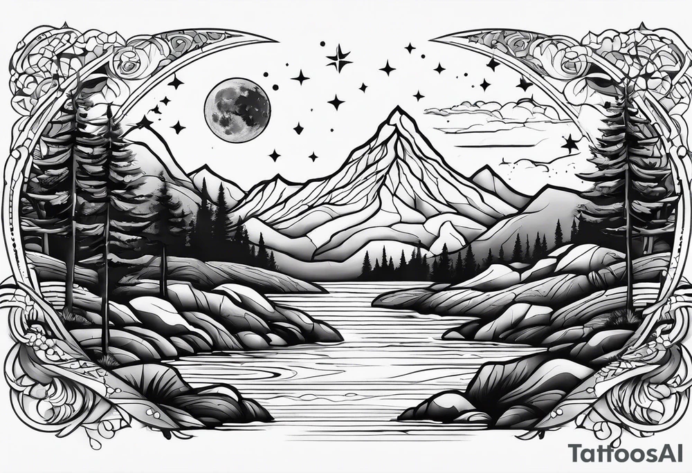 nature with mountains, waterfall, water, and a father and son in the background and and moon/sun in the sky with stars tattoo idea