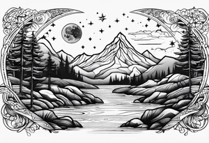 nature with mountains, waterfall, water, and a father and son in the background and and moon/sun in the sky with stars tattoo idea