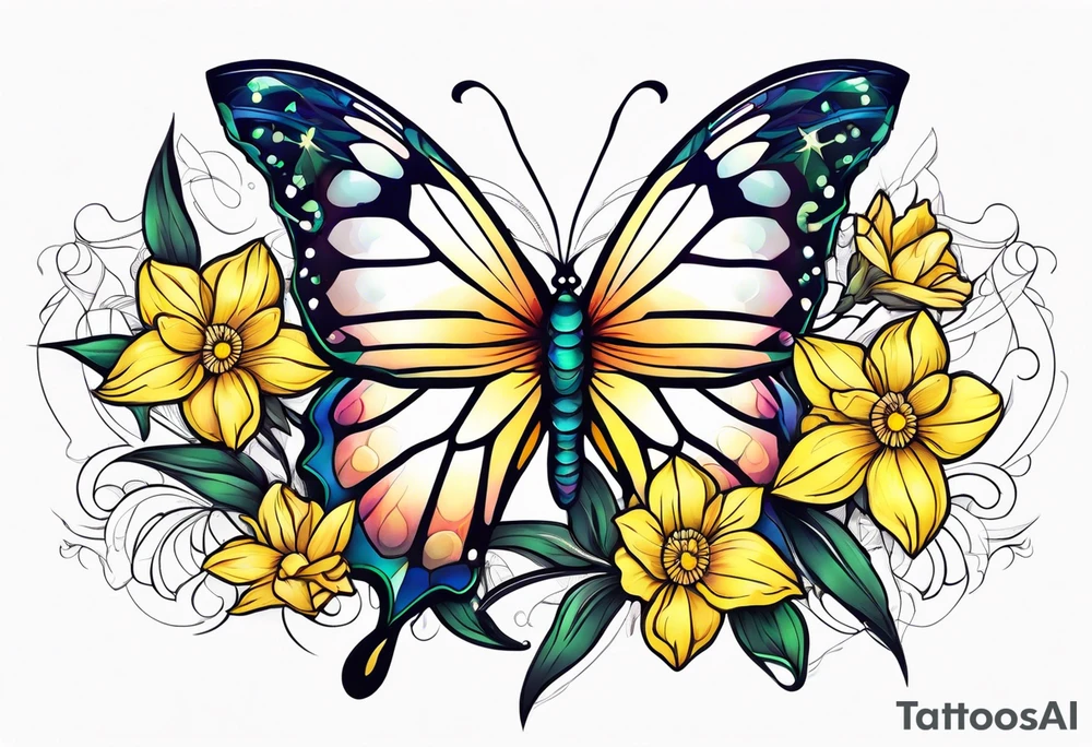 Butterfly, star and daffodils, aster flower tattoo idea