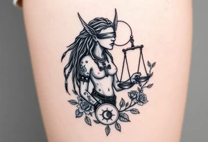 Sylph with dreads wearing blind fold and ankh pendant with tattoos holding weighing scales with the sun and moon rose vines surrounding and Anubis guarding tattoo idea