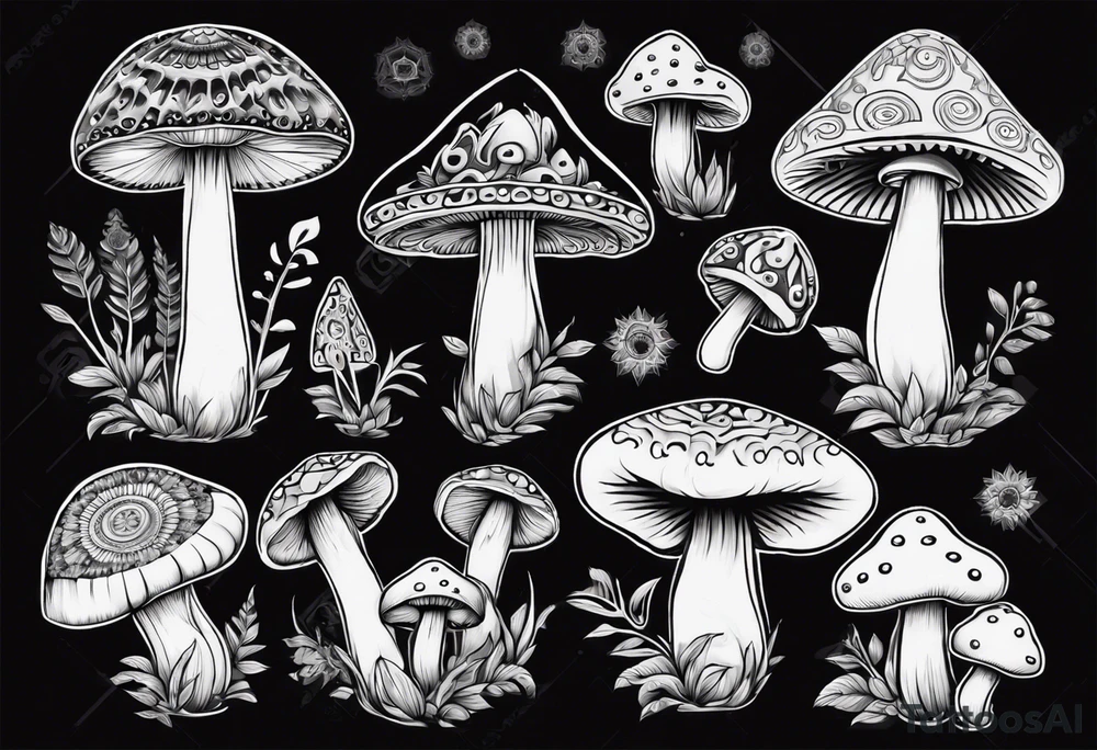 mushrooms out of book, psychedelic, mandala tattoo idea