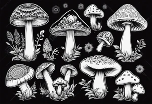 mushrooms out of book, psychedelic, mandala tattoo idea