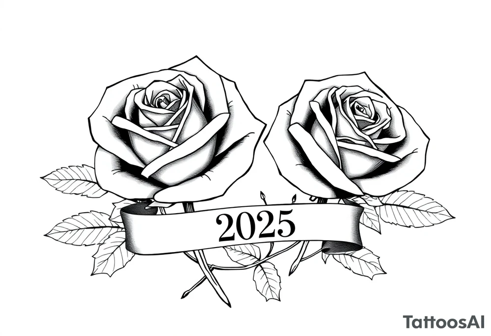two beautiful large rose buds, one larger than the other, with lots and lots of leaves next to the rose buds, with one sitting slightly higher than the other, side-by-side.  Include a banner connecting the two roses with the year 2025 on it.   Use dark outlines with little shading. No stems tattoo idea
